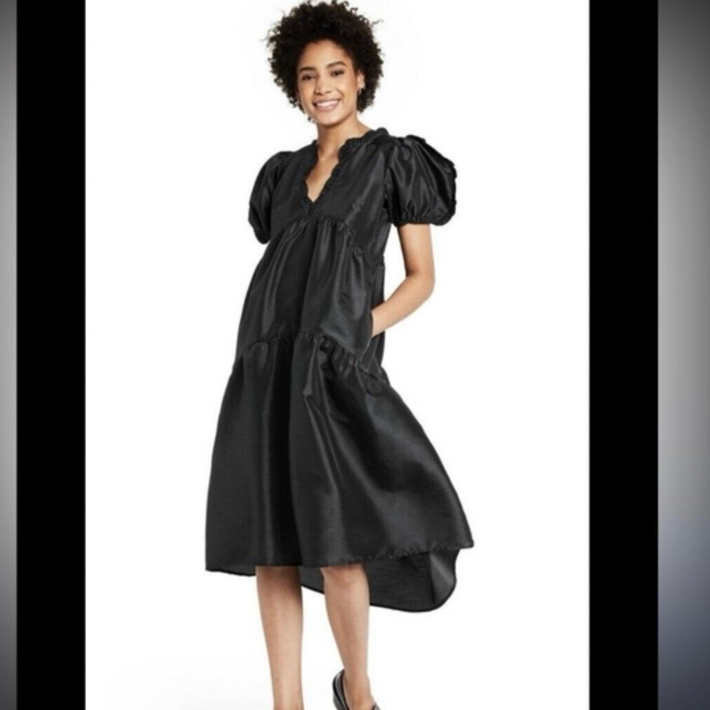 Kika‎ Vargas Dress Women Extra Small Black Puff Sleeve Tiered V Neck Ruffle Midi